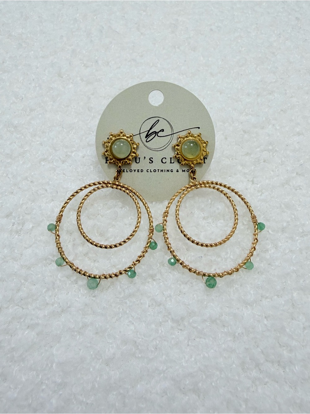 Beaded Gold Double Hoop Earrings with Green Accents